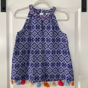 THML Blue and White Geometric Blouse with Tassel Trim